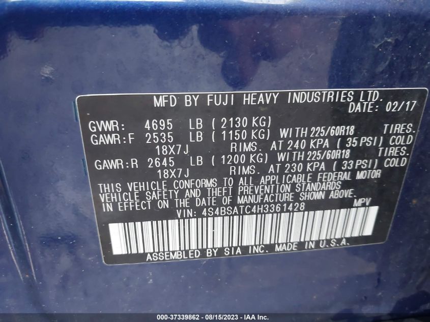 2017 SUBARU OUTBACK TOURING - 4S4BSATC4H3361428