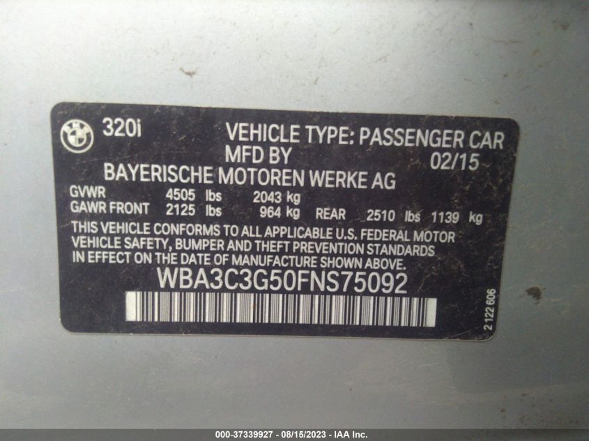 2015 BMW 3 SERIES 320I XDRIVE - WBA3C3G50FNS75092