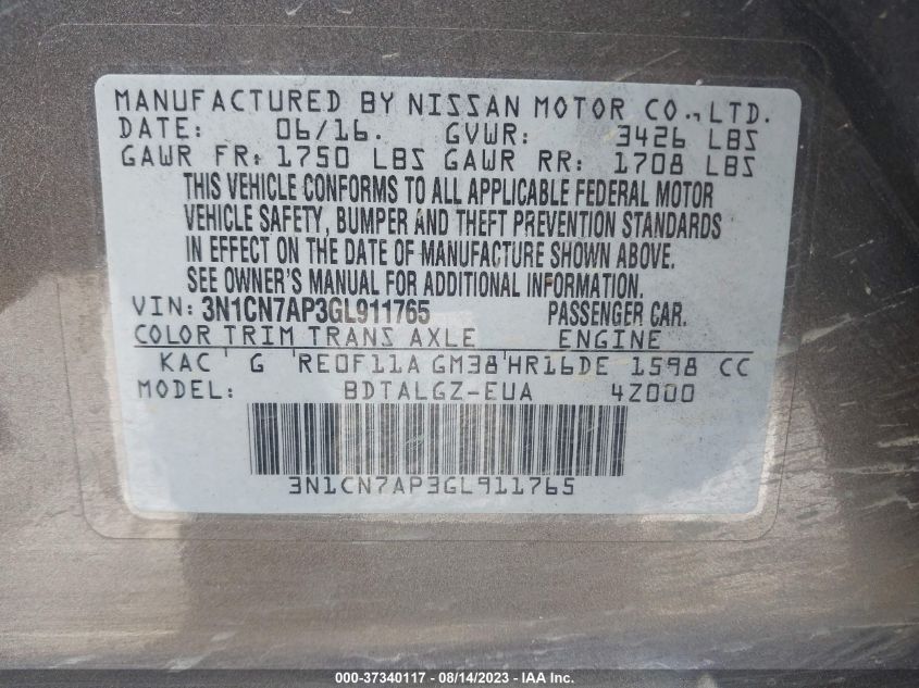 2016 NISSAN VERSA SL - 3N1CN7AP3GL911765