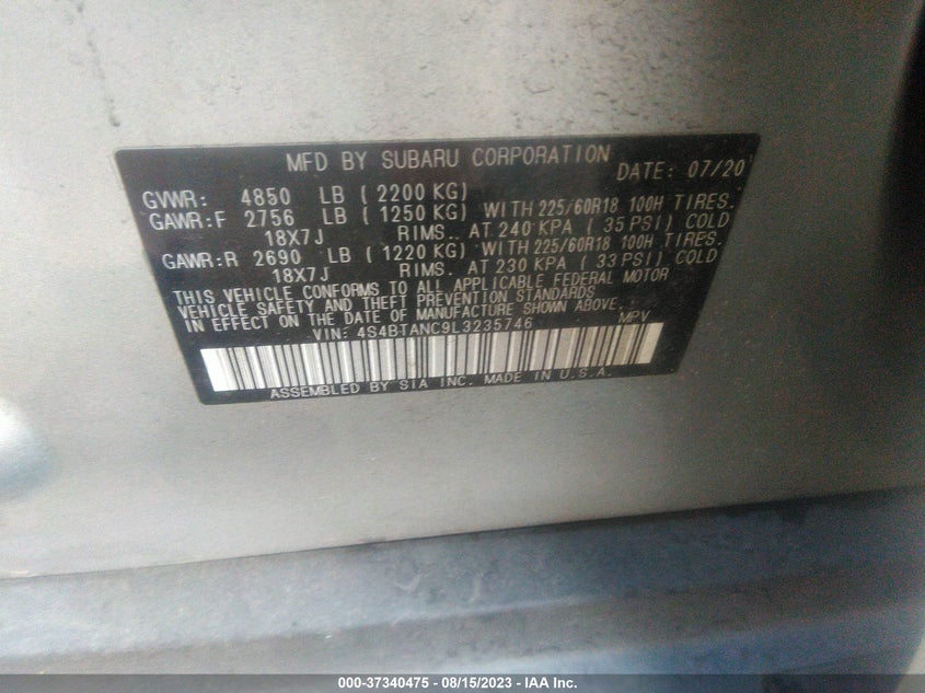 VIN 4S4BTANC9L3235746 2020 SUBARU OUTBACK LIMITED