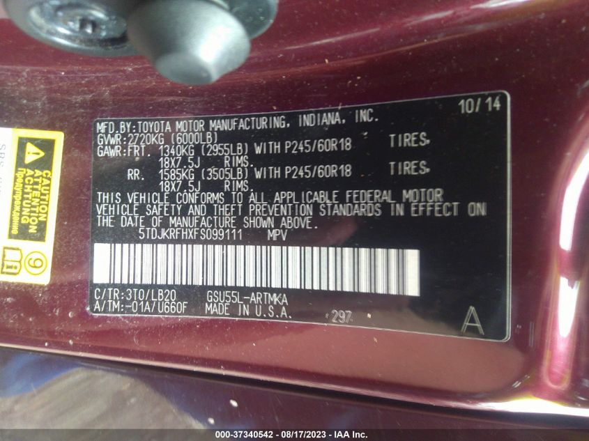 2015 TOYOTA HIGHLANDER XLE - 5TDJKRFHXFS099111