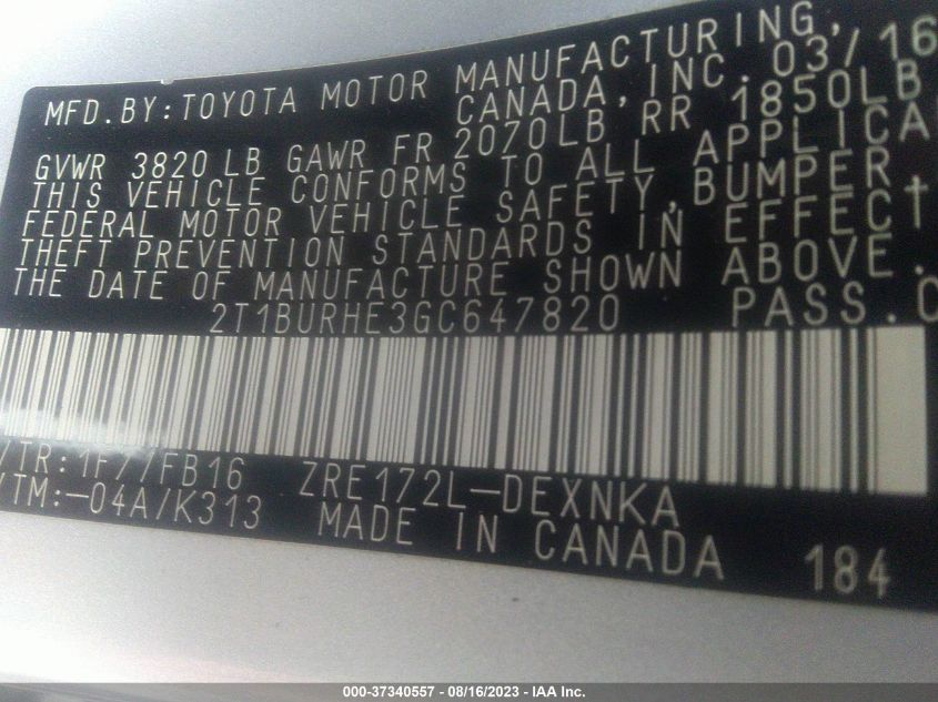 2016 TOYOTA COROLLA L/LE/S/S PLUS/LE PLUS - 2T1BURHE3GC647820