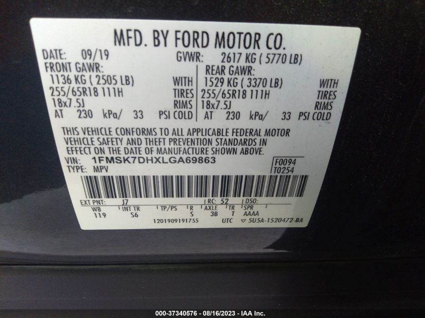 2020 FORD EXPLORER XLT - 1FMSK7DHXLGA69863