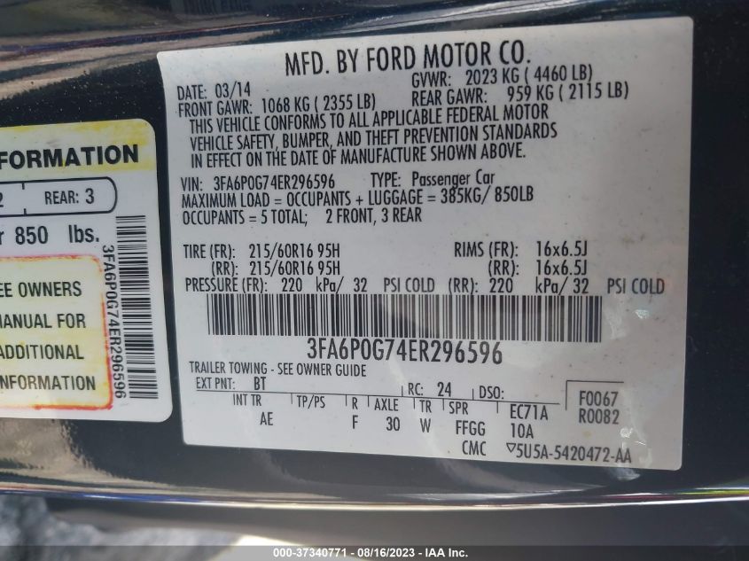 2014 FORD FUSION S - 3FA6P0G74ER296596