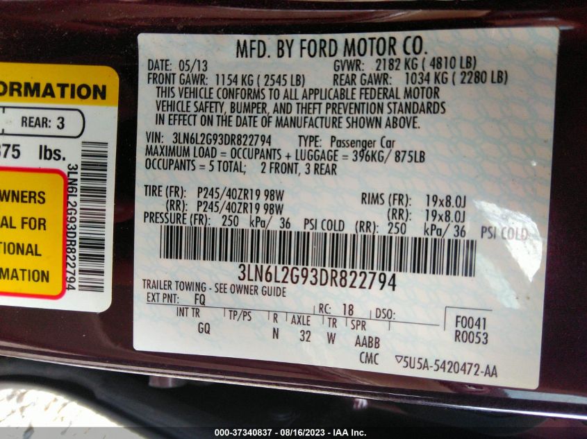 2013 LINCOLN MKZ - 3LN6L2G93DR822794