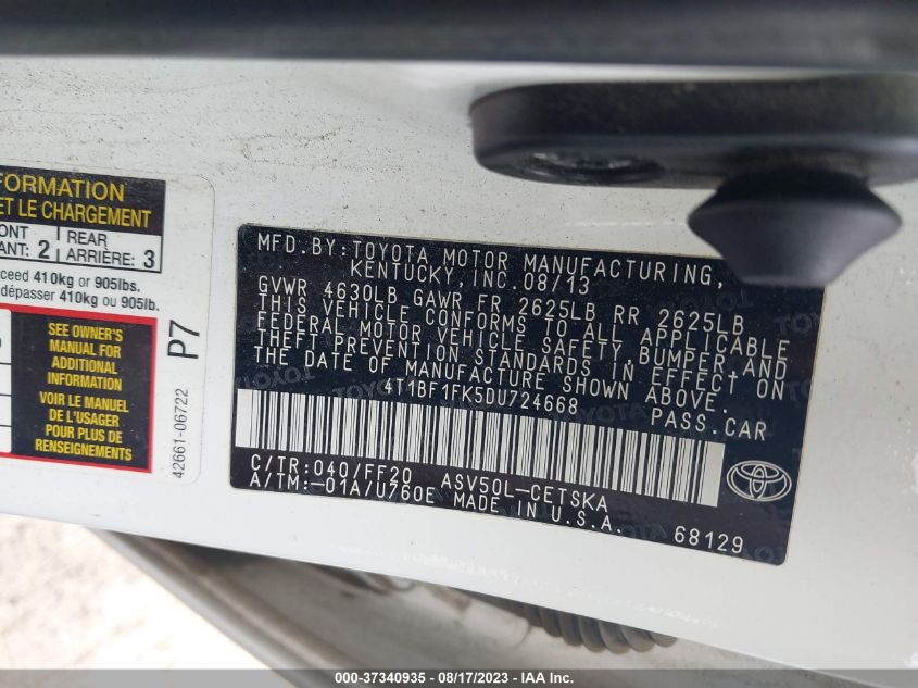 2013 TOYOTA CAMRY L/LE/SE/XLE - 4T1BF1FK5DU724668