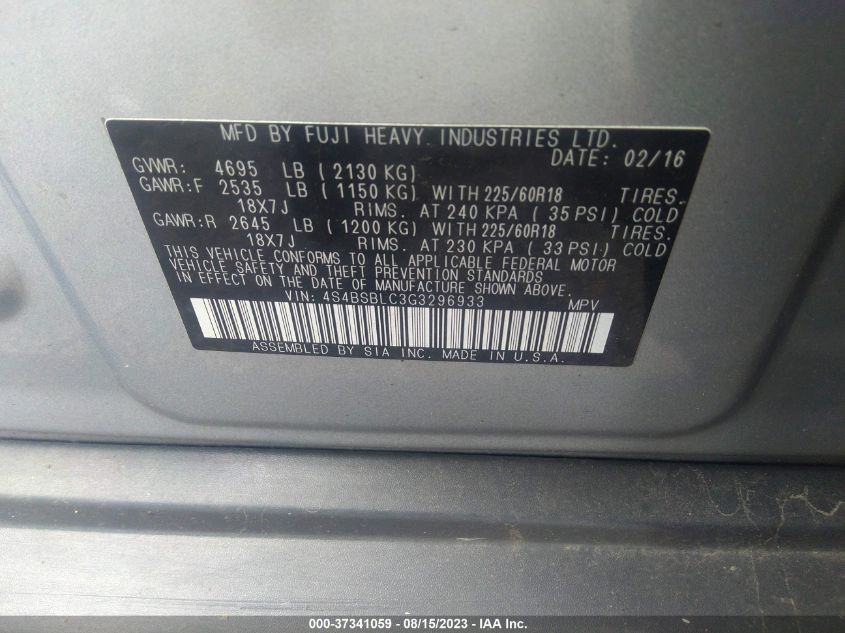 2016 SUBARU OUTBACK 2.5I LIMITED - 4S4BSBLC3G3296933