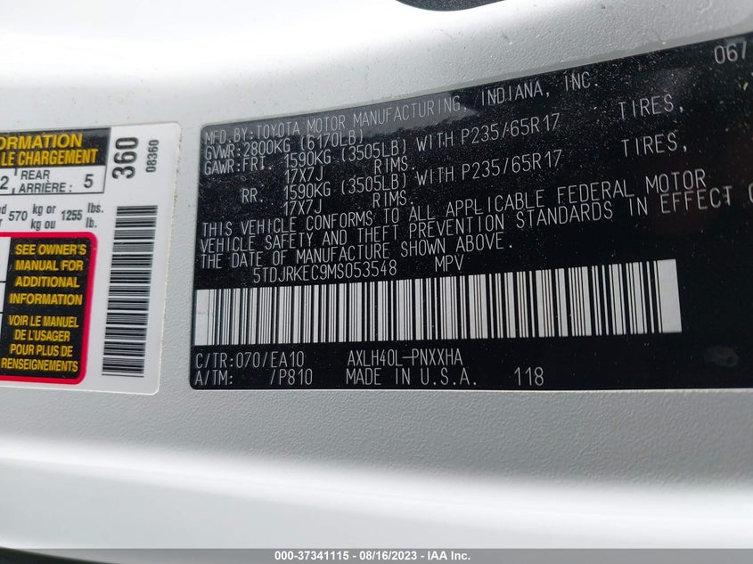 VIN 5TDJRKEC9MS053548 2021 TOYOTA SIENNA XLE