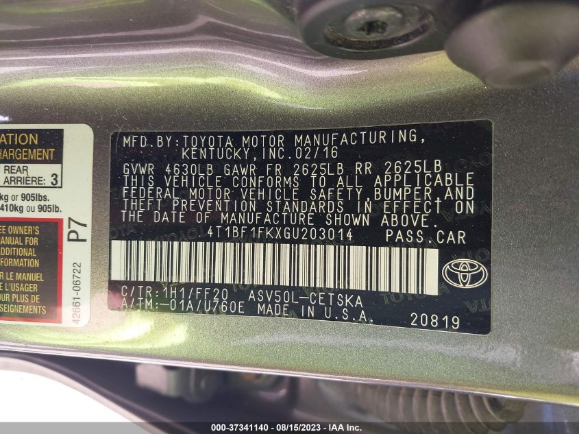 2016 TOYOTA CAMRY XLE/SE/LE/XSE - 4T1BF1FKXGU203014