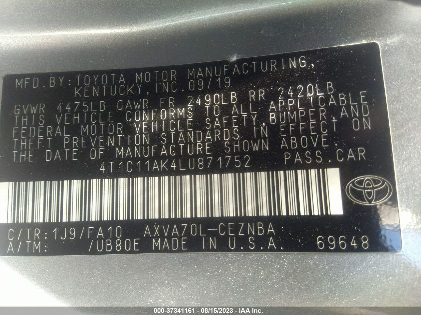 2020 TOYOTA CAMRY LE - 4T1C11AK4LU871752