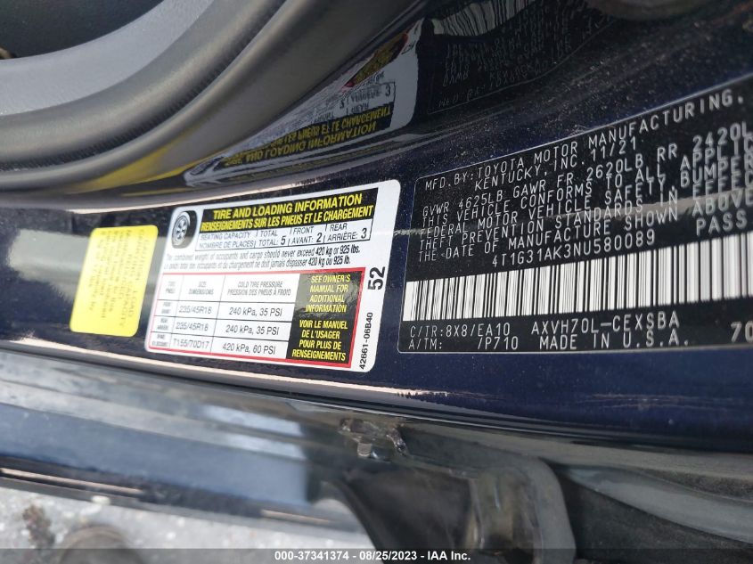 2022 TOYOTA CAMRY HYBRID SE - 4T1G31AK3NU580089