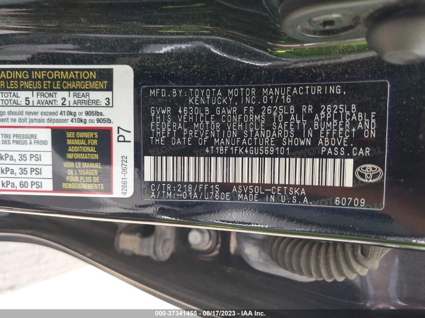 2016 TOYOTA CAMRY SE - 4T1BF1FK4GU569101