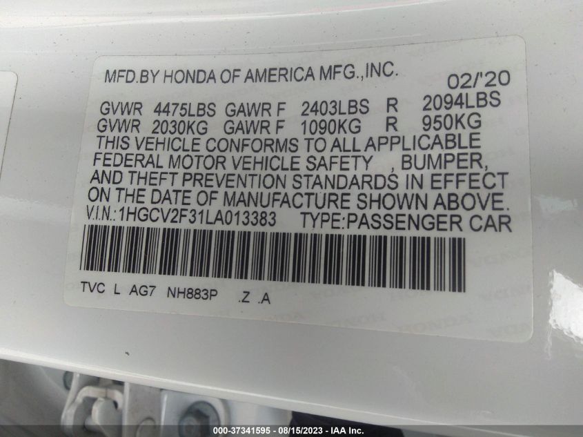 2020 HONDA ACCORD SEDAN SPORT - 1HGCV2F31LA013383