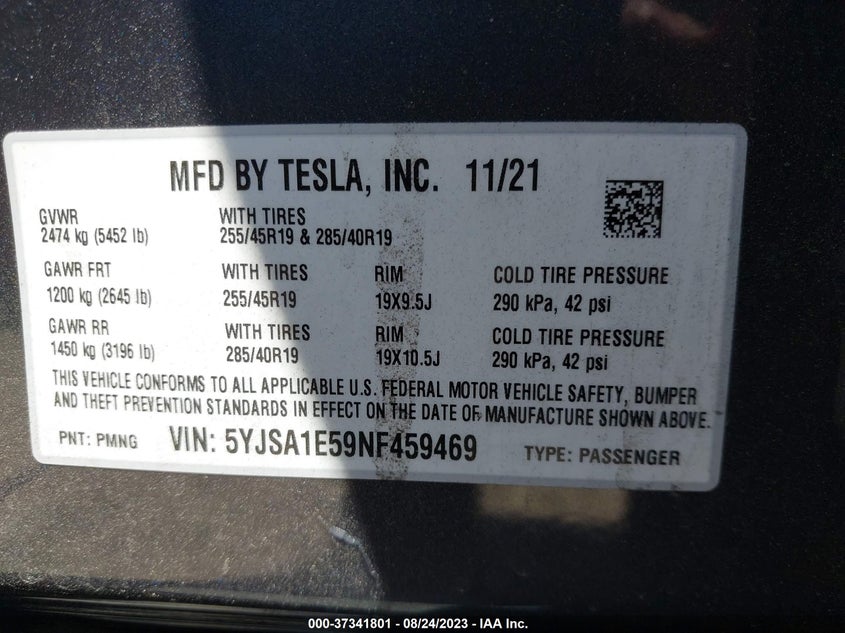 VIN 5YJSA1E59NF459469 2022 TESLA MODEL S