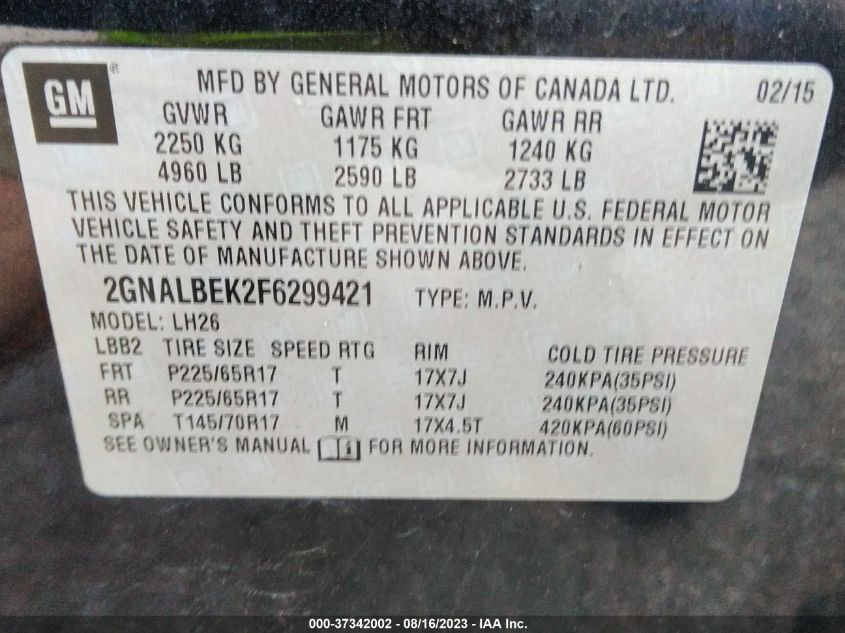 2015 CHEVROLET EQUINOX LT - 2GNALBEK2F6299421