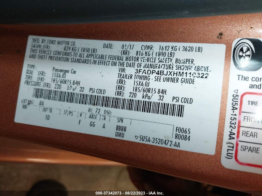 2017 FORD FIESTA SE - 3FADP4BJXHM110322