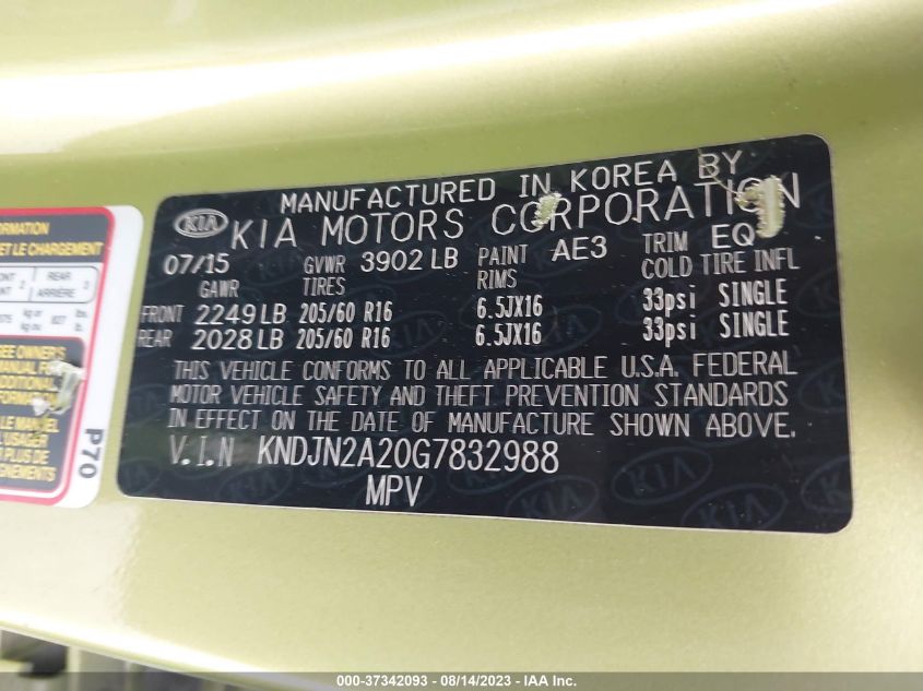 VIN KNDJN2A20G7832988 2016 KIA SOUL no.9