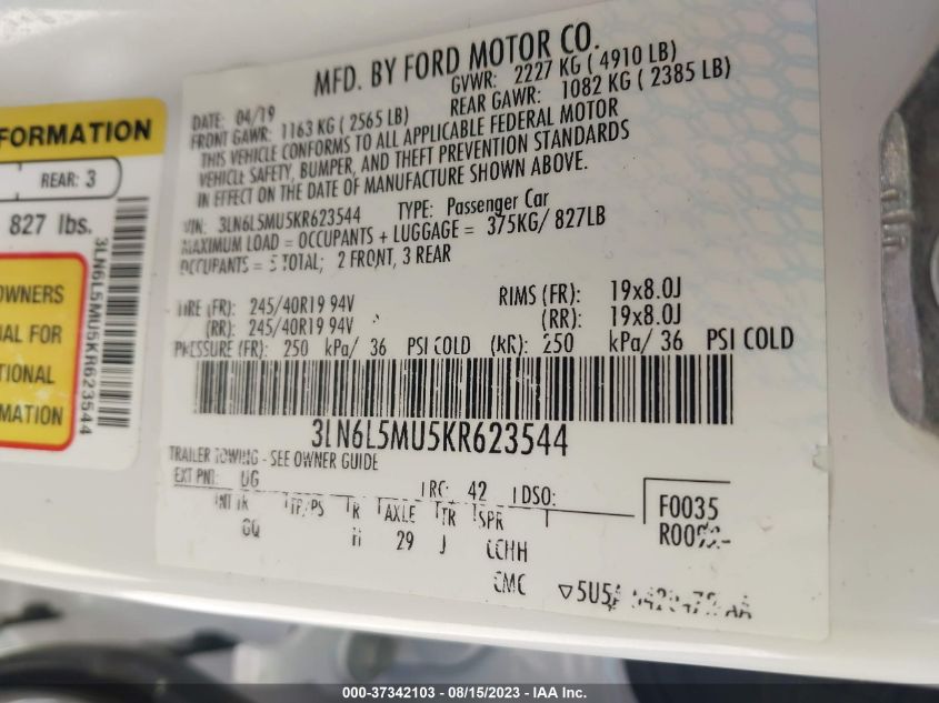 2019 LINCOLN MKZ HYBRID RESERVE II 3LN6L5MU5KR623544