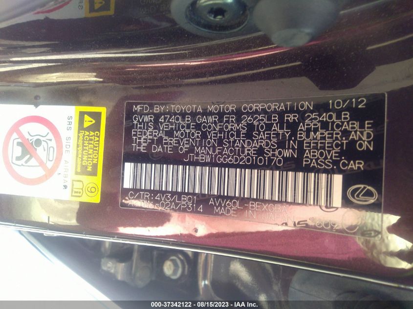 2013 LEXUS ES 300H HYBRID - JTHBW1GG6D2010170