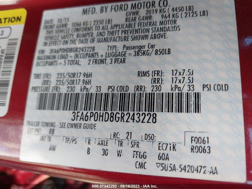 2016 FORD FUSION SE - 3FA6P0HD8GR243228