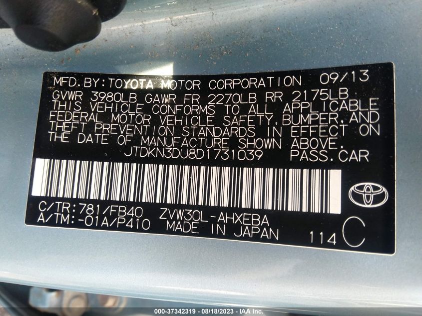 2013 TOYOTA PRIUS ONE/TWO/THREE/FOUR/FIVE - JTDKN3DU8D1731039