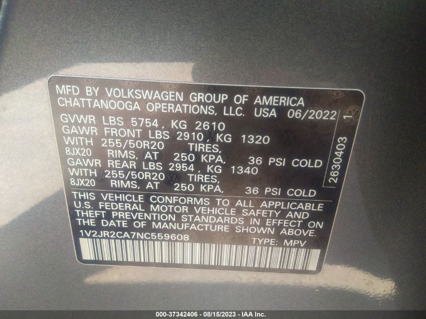 2022 VOLKSWAGEN ATLAS SE - 1V2JR2CA7NC559608