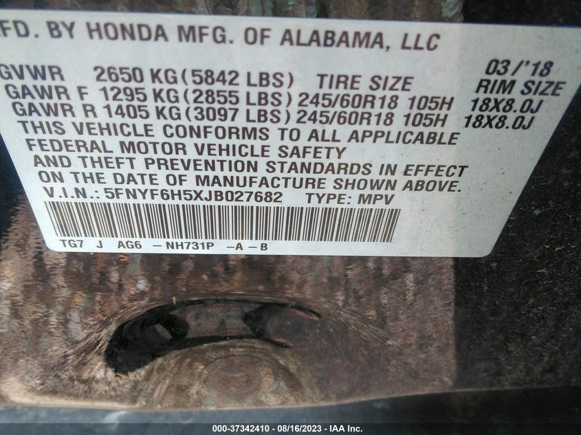 VIN 5FNYF6H5XJB027682 2018 HONDA PILOT EX-L