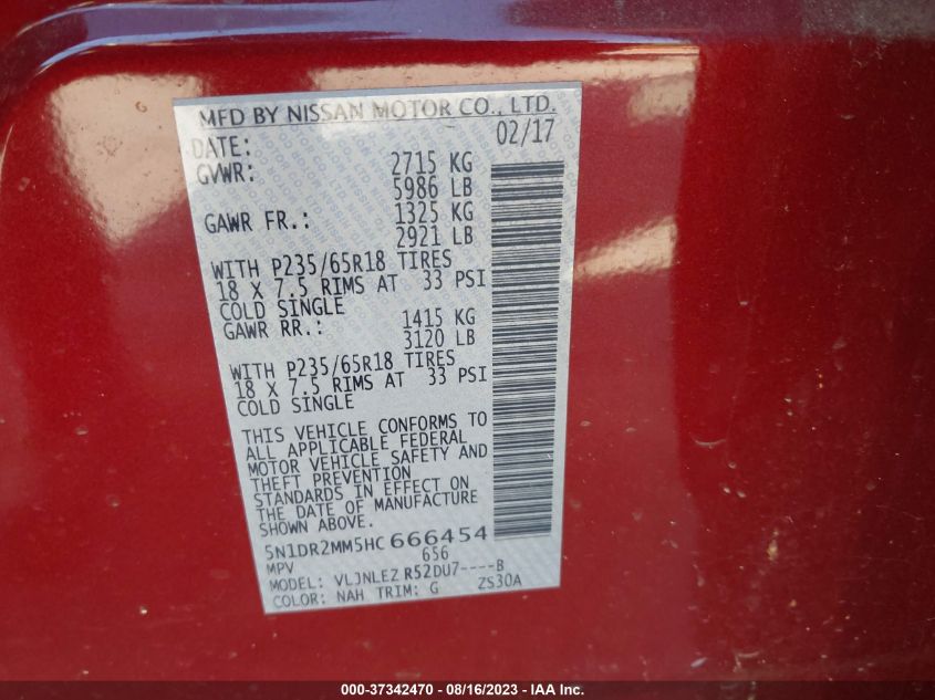 2017 NISSAN PATHFINDER S/SV/SL/PLATINUM - 5N1DR2MM5HC666454