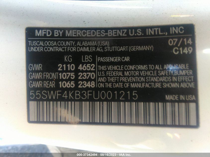 2015 MERCEDES-BENZ C 300 SPORT 4MATIC/LUXURY 4MATIC/4MATIC - 55SWF4KB3FU001215