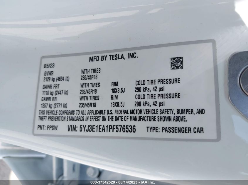 2023 TESLA MODEL 3 - 5YJ3E1EA1PF576536