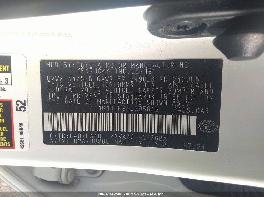 2019 TOYOTA CAMRY LE/SE/XLE/L - 4T1B11HK8KU795646