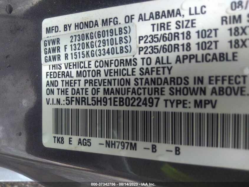 2014 HONDA ODYSSEY TOURING - 5FNRL5H91EB022497