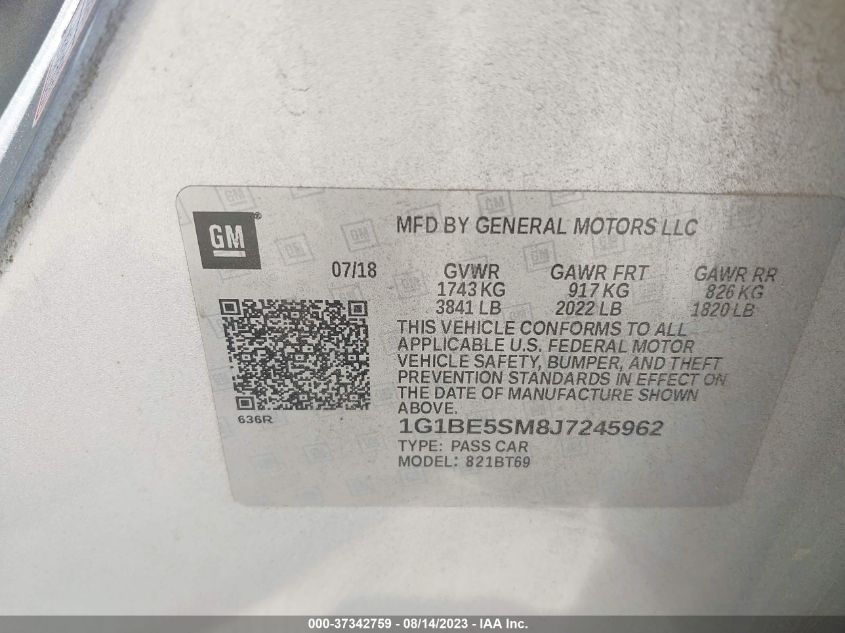 2018 CHEVROLET CRUZE LT - 1G1BE5SM8J7245962