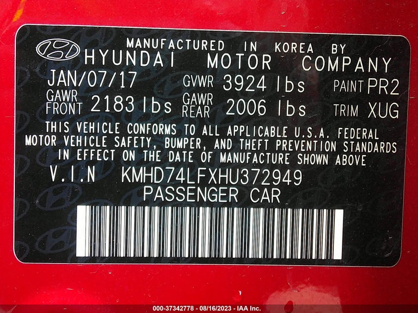 VIN KMHD74LFXHU372949 2017 HYUNDAI ELANTRA SE