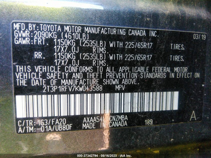 2019 TOYOTA RAV4 XLE - 2T3P1RFV7KW043588