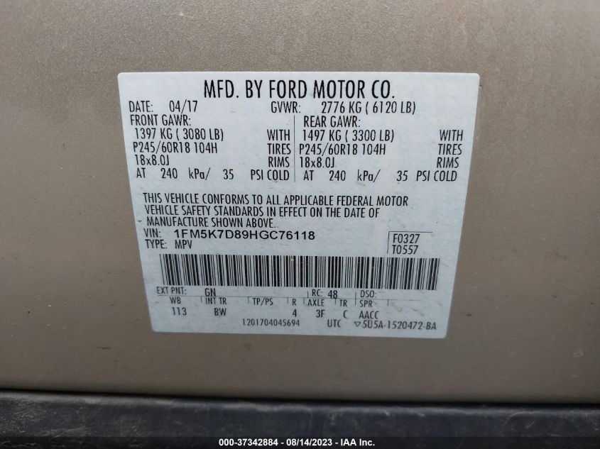 2017 FORD EXPLORER XLT - 1FM5K7D89HGC76118