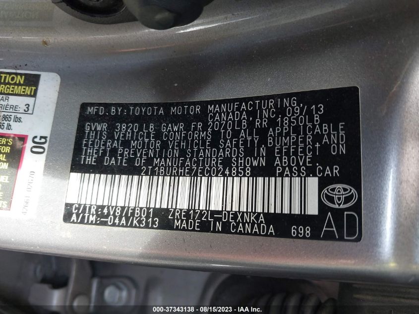 2014 TOYOTA COROLLA L/LE/S/S PLUS/LE PLUS - 2T1BURHE7EC024858