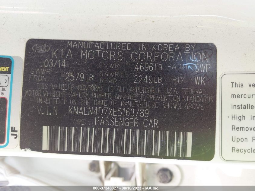 2014 KIA CADENZA LIMITED KNALN4D7XE5163789