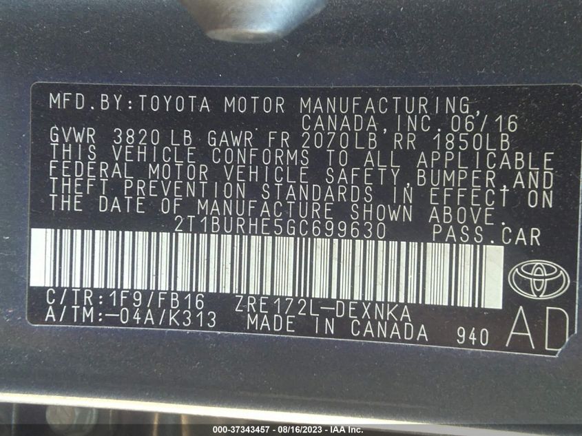 2016 TOYOTA COROLLA L/LE/S/S PLUS/LE PLUS - 2T1BURHE5GC699630
