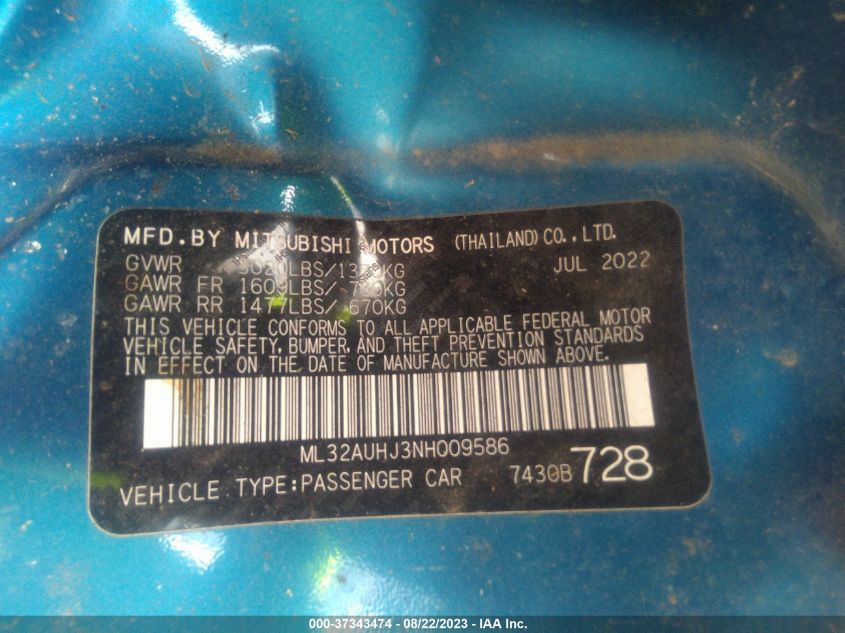 2022 MITSUBISHI MIRAGE ES/LE - ML32AUHJ3NH009586