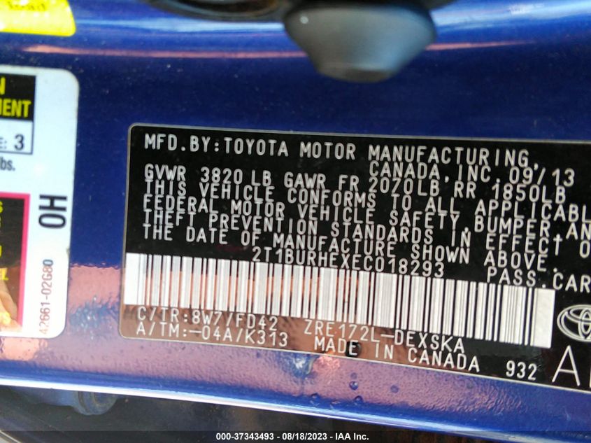 2014 TOYOTA COROLLA L/LE/S/S PLUS/LE PLUS - 2T1BURHEXEC018293