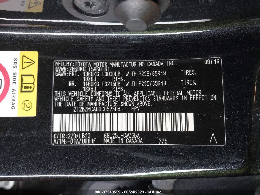 2016 LEXUS RX 350 - 2T2BZMCA0GC052508