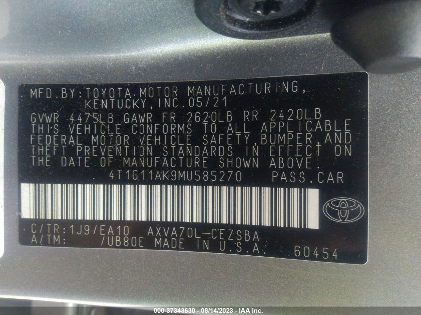 2021 TOYOTA CAMRY SE - 4T1G11AK9MU585270