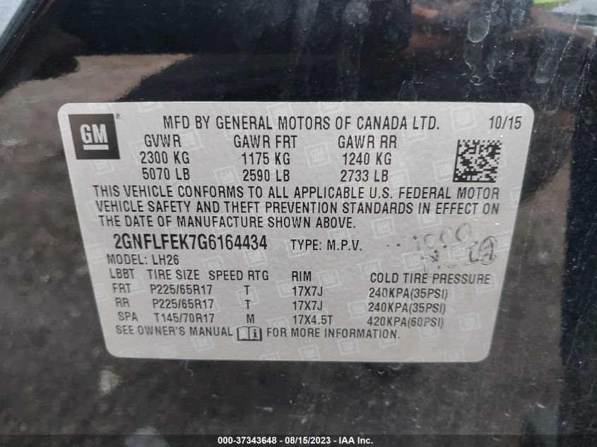 2016 CHEVROLET EQUINOX LT - 2GNFLFEK7G6164434