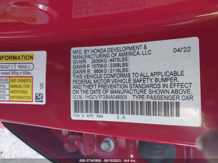 2022 HONDA ACCORD SEDAN SPORT - 1HGCV1F33NA048505