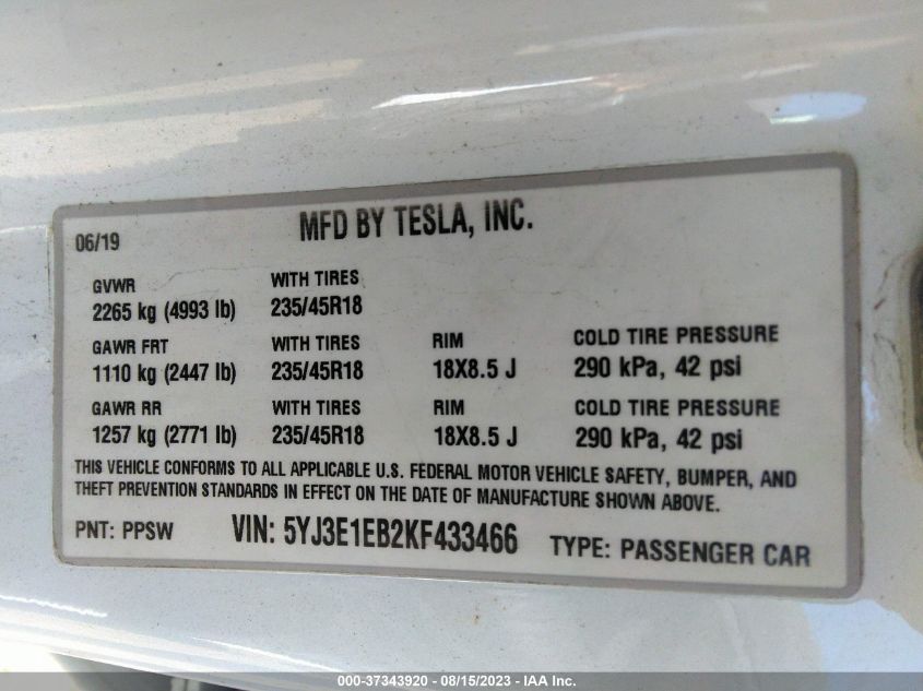 2019 TESLA MODEL 3 - 5YJ3E1EB2KF433466
