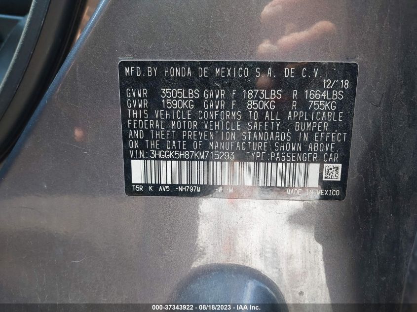 2019 HONDA FIT EX - 3HGGK5H87KM715293