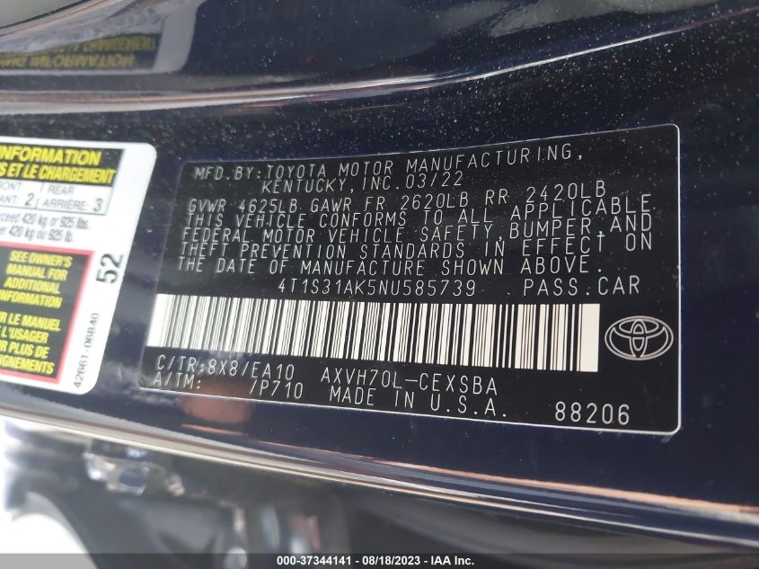 2022 TOYOTA CAMRY HYBRID - 4T1S31AK5NU585739