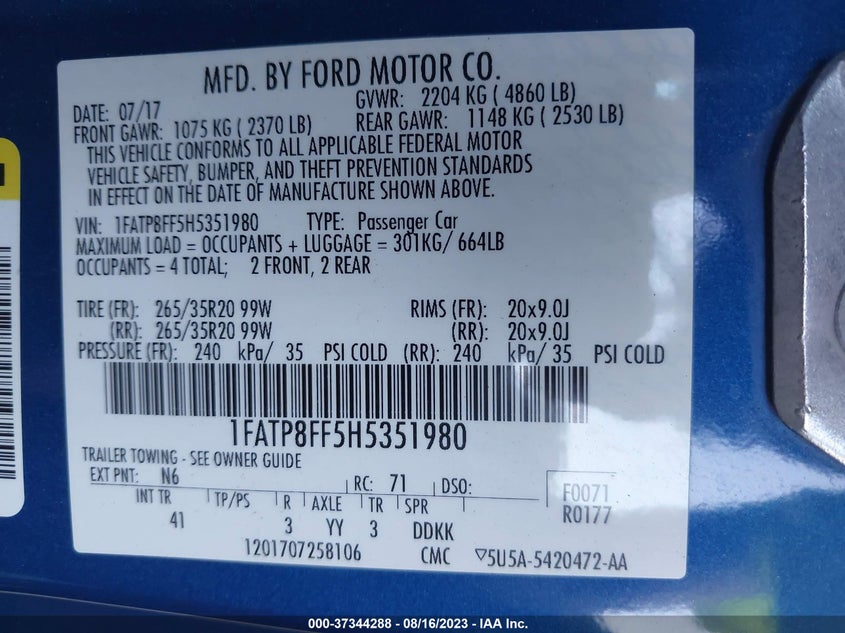 VIN 1FATP8FF5H5351980 2017 FORD MUSTANG GT