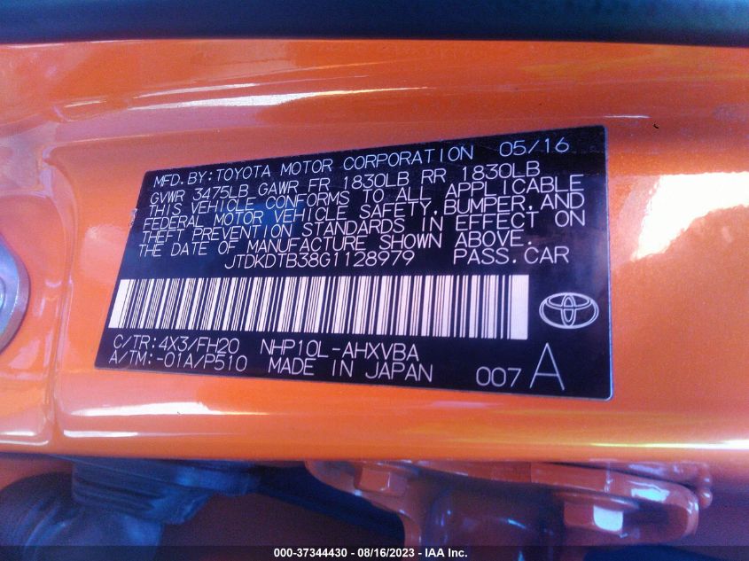 2016 TOYOTA PRIUS C ONE/TWO/THREE/FOUR - JTDKDTB38G1128979